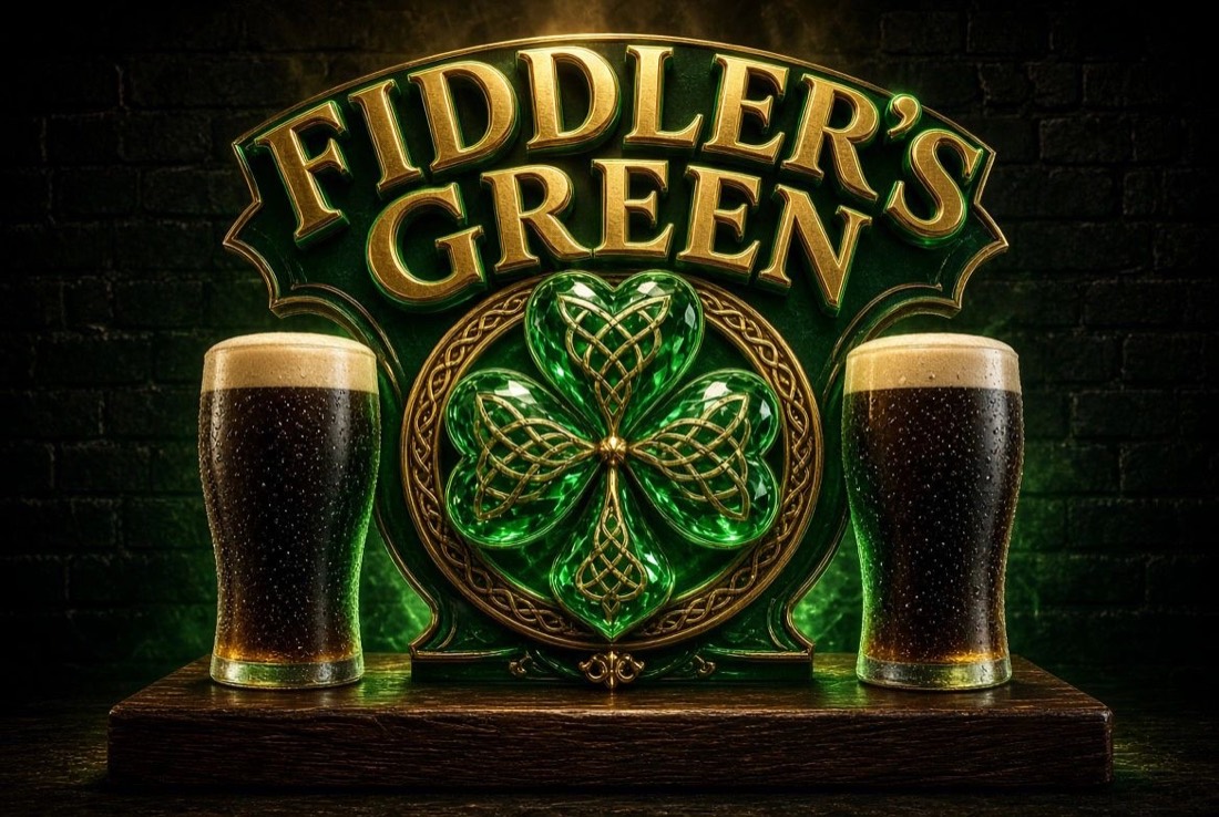 Fiddler's Green sign with a Celtic shamrock between two pints of stout